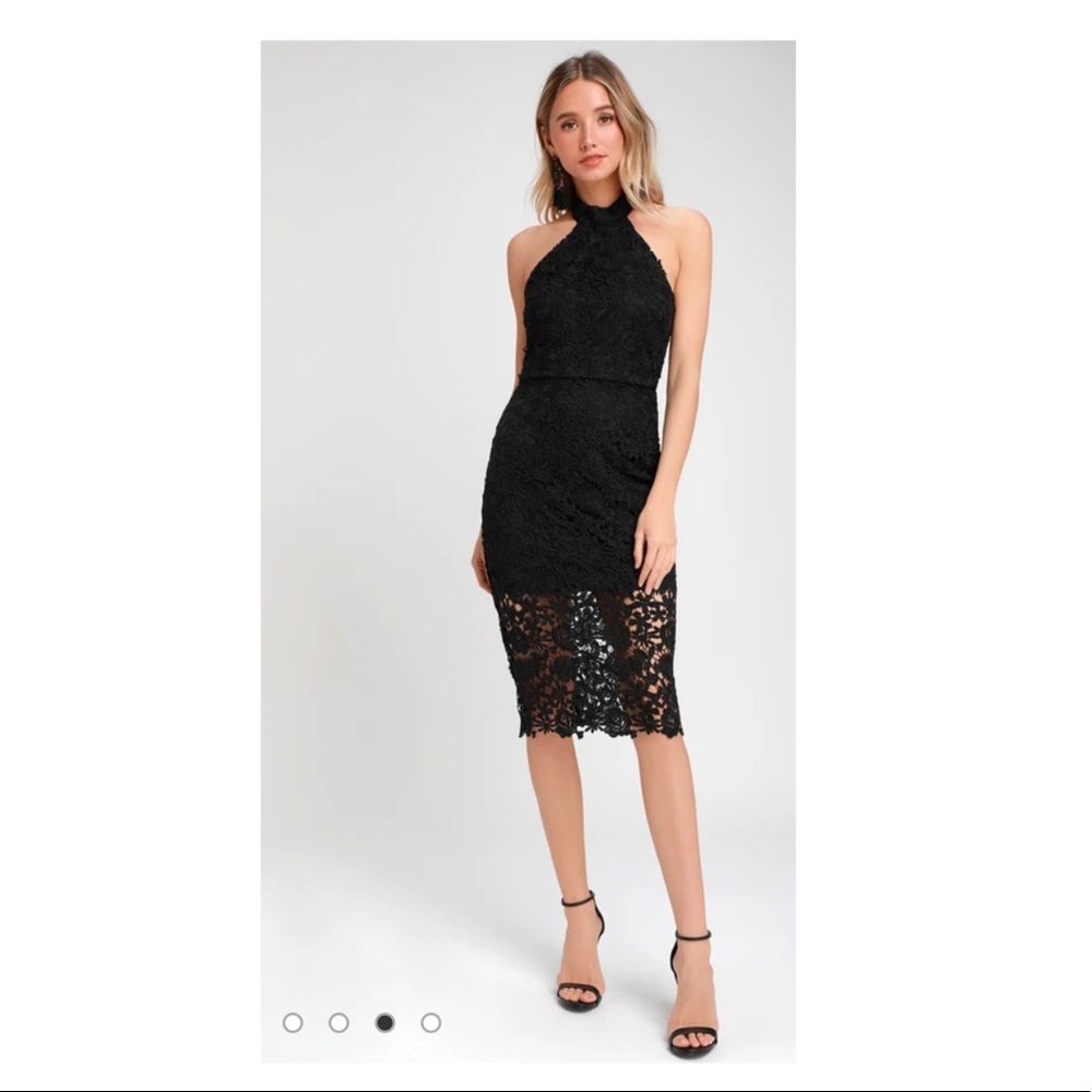Lulu’s Strut & Stun Black Lace Halter Midi Dress